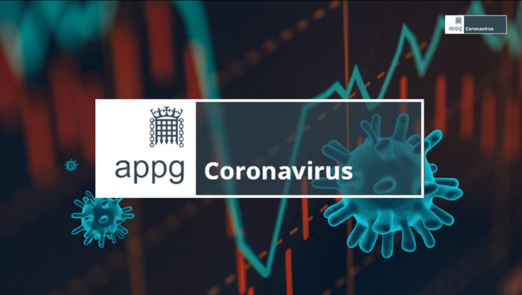 Image shows logo for the APPG on Coronavirus on a black, orange and turquoise background