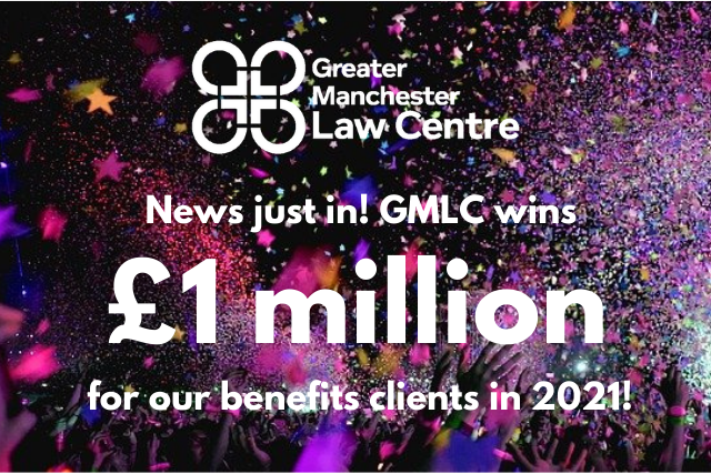Image shows a background of colourful confetti with the words 'News just in! GMLC wins £1 million for our benefits clients in 2021' on top in white font.