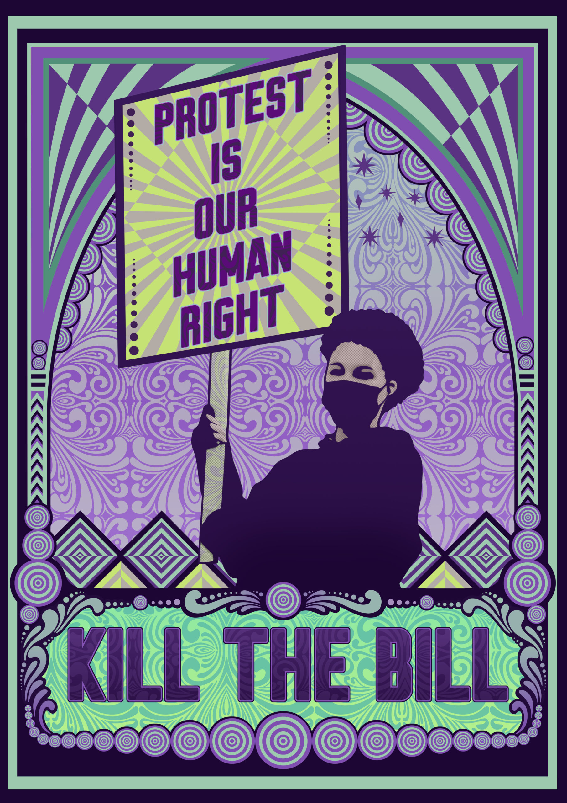 Stylised cartoon Kill the Bill poster, with a masked woman holding a placard saying "Protest Is Our Human Right".
