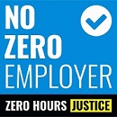 Accreditation badge showing GMLC is a No Zero Hours Employer - Zero Hours Justice. White text on a blue background reading 'No Zero Employer' with a tick symbol and the Zero Hours Justice logo.