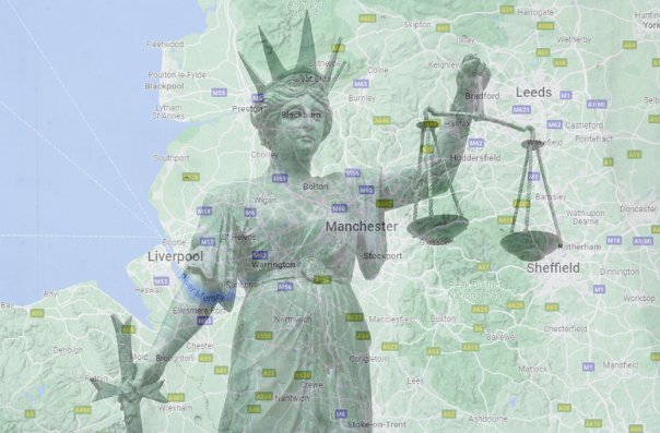 Image shows Themis (Lady Justice) holding the scales of justice, over a Google Maps capture of the North West of England.